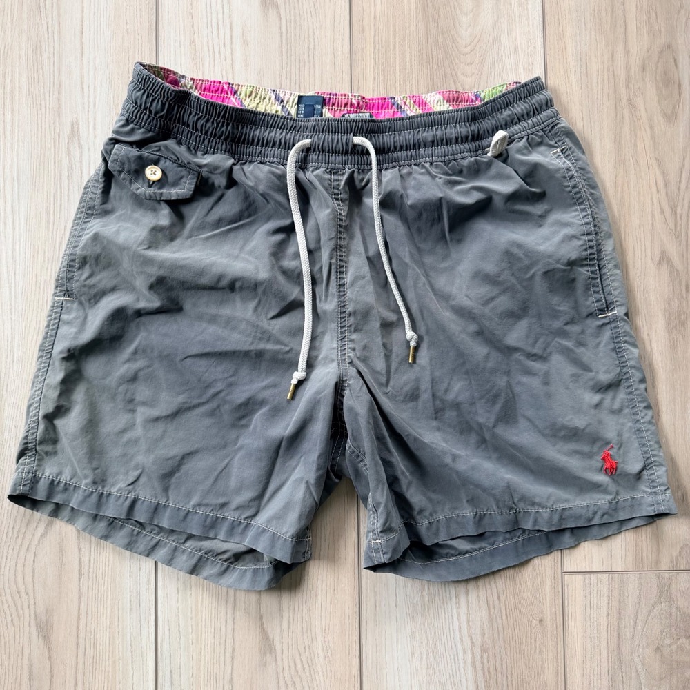 Polo Ralph Lauren Swim Trunks Mens Medium Grey Red Pony Embroidered Mesh Lined